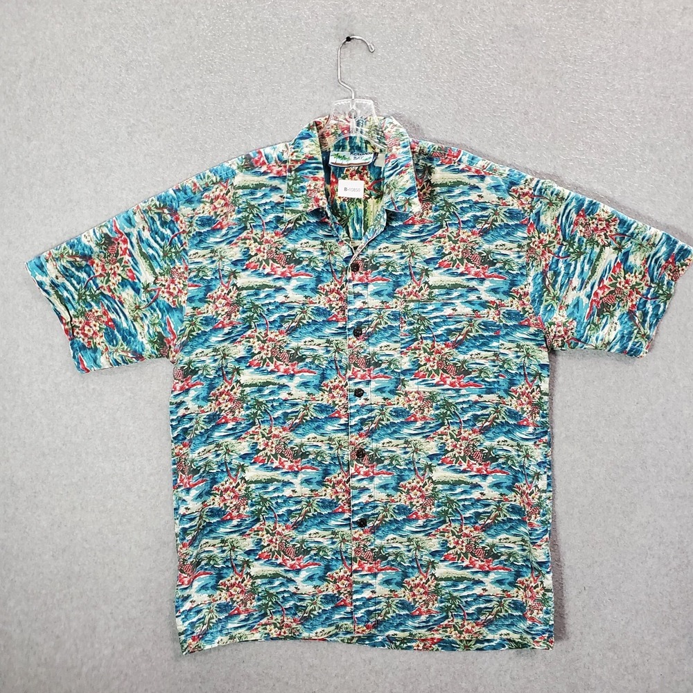 VINTAGE Roundy Bay Men Button Up Shirt Large Blue Floral Hawaiian Short Sleeve